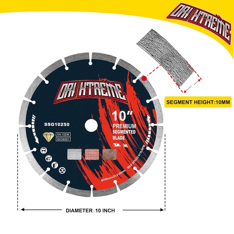 ORIXTREME 10 Inch Diamond Saw Blade, Segmented General Purpose Blade Dry/Wet Cutting Concrete, Masonry, Brick, Block,7/8"-5/8” Arbor - Image 2
